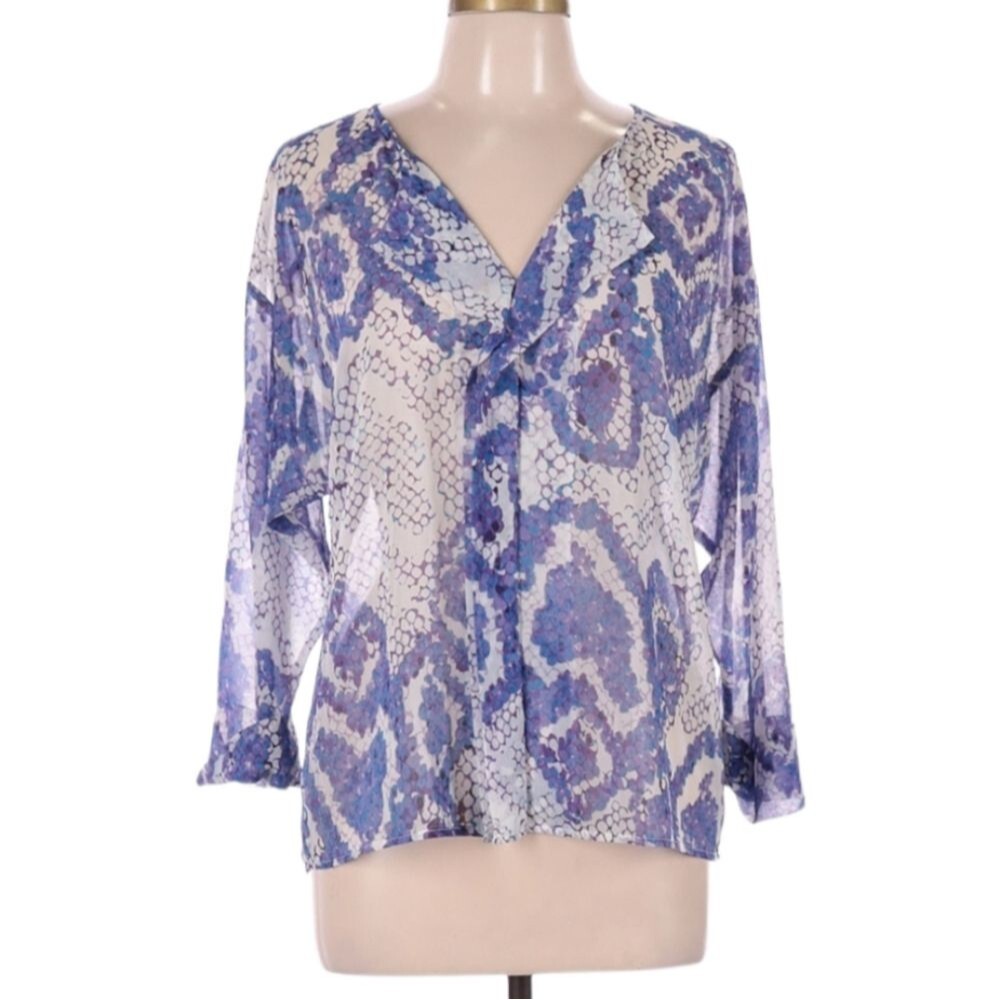 RBL‎ Apparel Long Sleeve Blouse Size M Semi-Sheer V-neck Purple and White Print